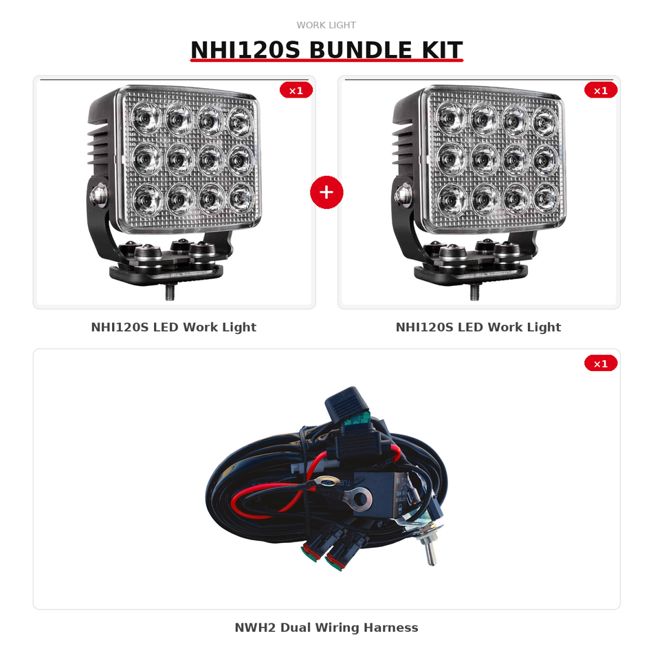 Work Light Bundle - 2× NHI120S + NWH2 Wiring Kit | Our Brightest Spot Beam, Plug & Play Ready