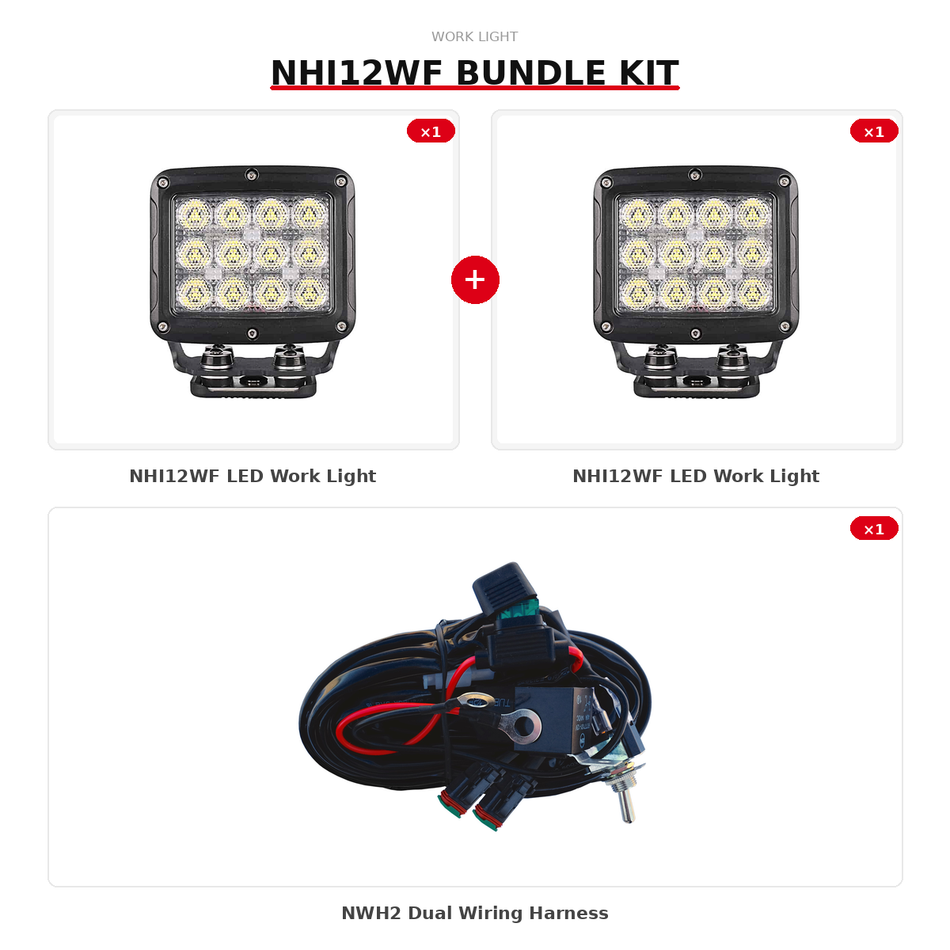 Work Light Bundle — 2× NHI12WF + NWH2 Wiring Kit | Our Most Powerful Flood Light, Plug & Play Ready