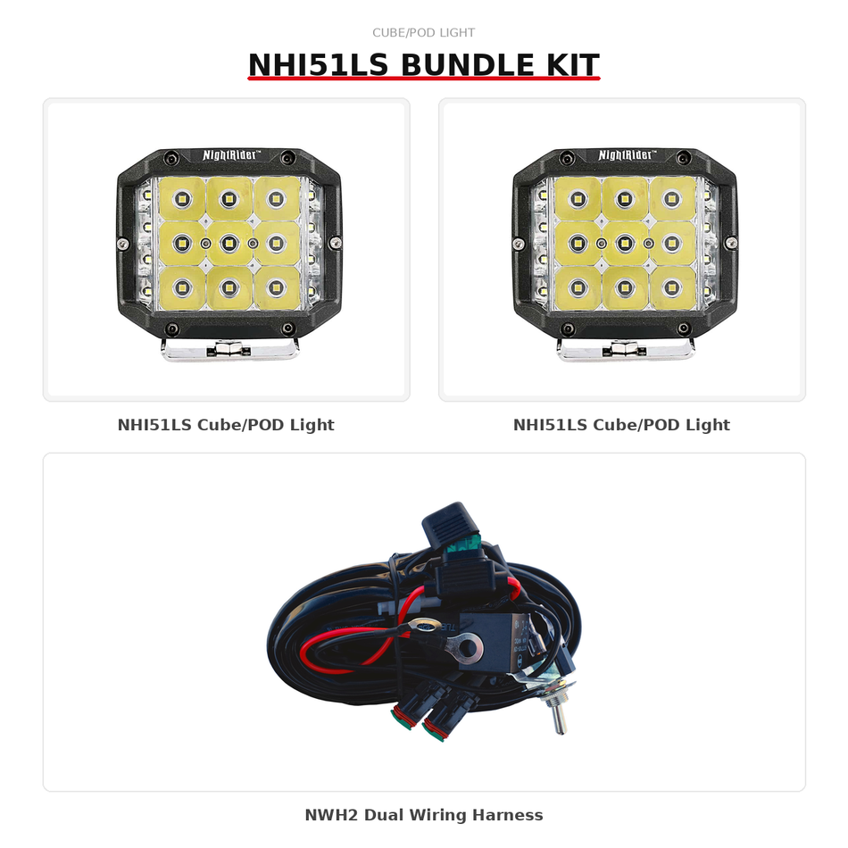 Cube/Pod Bundle — 2× NHI51LS + NWH2 Wiring Kit | Large Side Shooter Combo Beam, Plug & Play Ready
