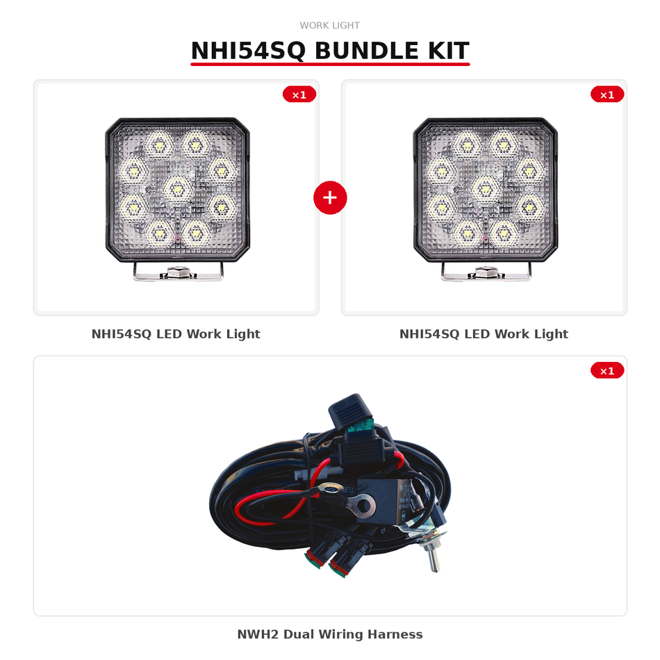 Work Light Bundle — 2× NHI54SQ + NWH2 Wiring Kit | High Intensity Flood Light | Plug & Play Ready