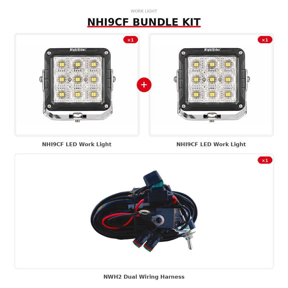 Work Light Bundle — 2× NHI9CF + NWH2 Wiring Kit | High Output Flood Lights | Plug & Play Ready