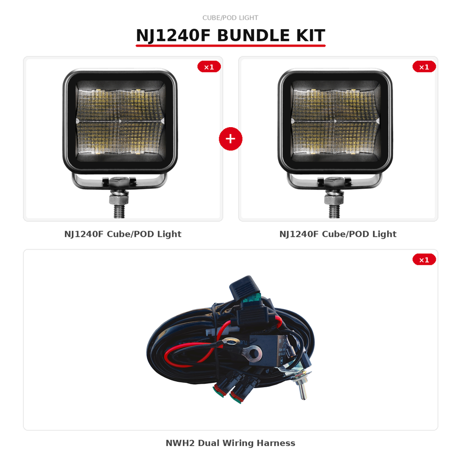 Cube/Pod Bundle — 2× NJ1240F + NWH2 Wiring Kit | Jet Black Series Flood Beam, Plug & Play Ready