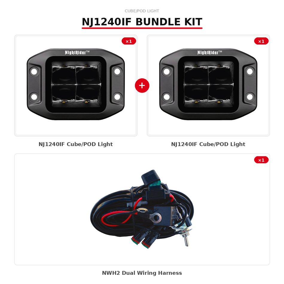 Cube/Pod Bundle — 2× NJ1240IF + NWH2 Wiring Kit | Jet Black Series Flush Mount Flood Beam, Plug & Play Ready