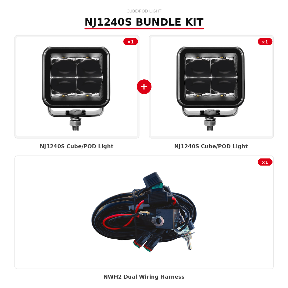 Cube/Pod Bundle — 2× NJ1240S + NWH2 Wiring Kit | Jet Black Series Spot Beam, Plug & Play Ready