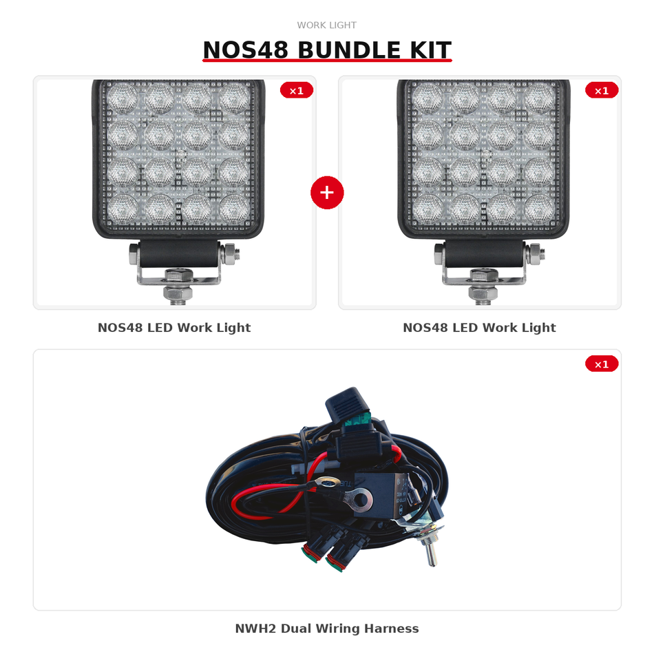Work Light Bundle - 2× NOS48 + NWH2 Wiring Kit | Great Flood Light Output, Great Value, Plug & Play Ready